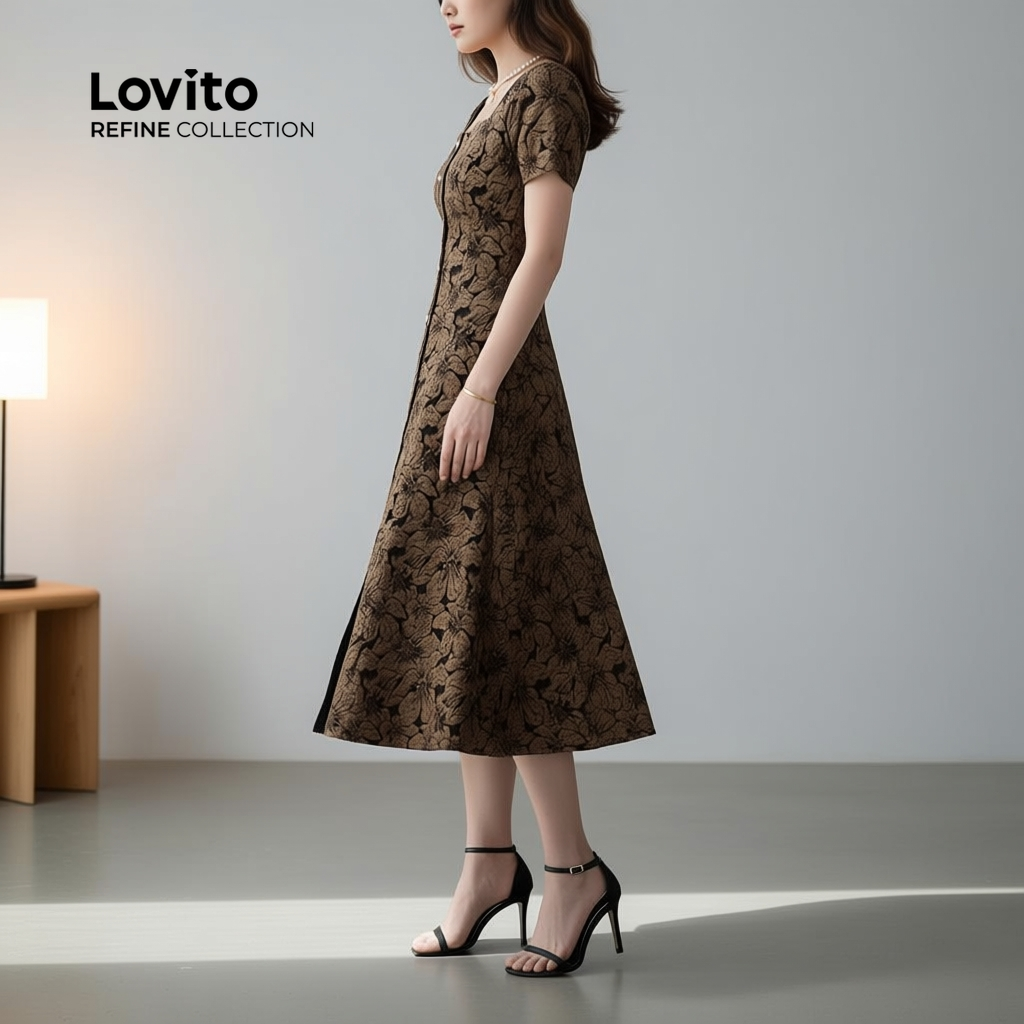 ชุดเดรสลําลองกระดุมบรอนซ์สําหรับฤดูใบไม้ผลิฤดูร้อน LR23A100