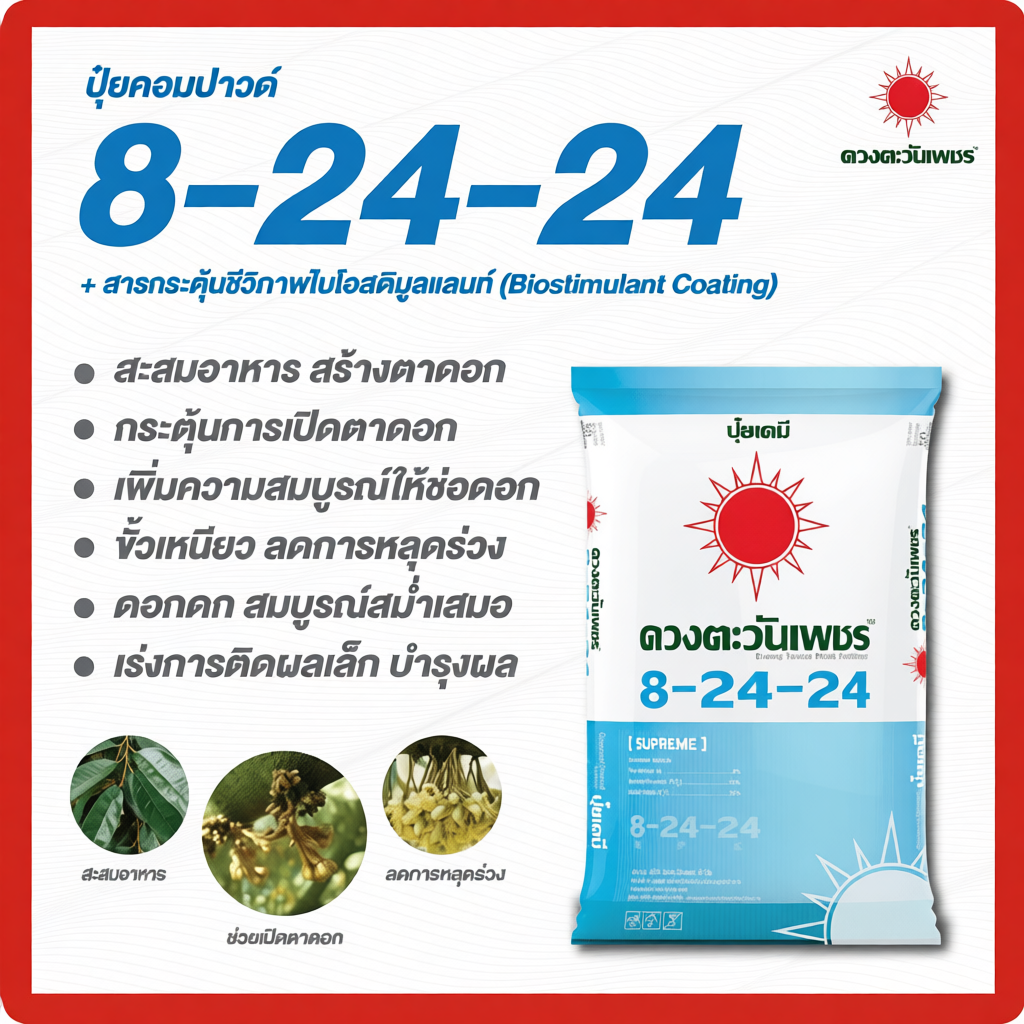 ปุ๋ยดวงตะวันเพชร สูตร 8-24-24 (ขนาด 25กก.) ช่วยสะสมอาหาร เร่งดอก