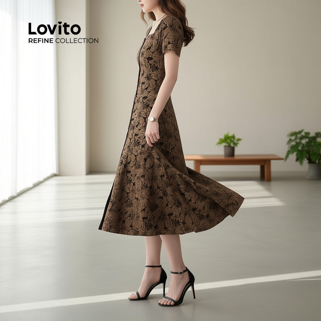 ชุดเดรสลําลองกระดุมบรอนซ์สําหรับฤดูใบไม้ผลิฤดูร้อน LR23A100