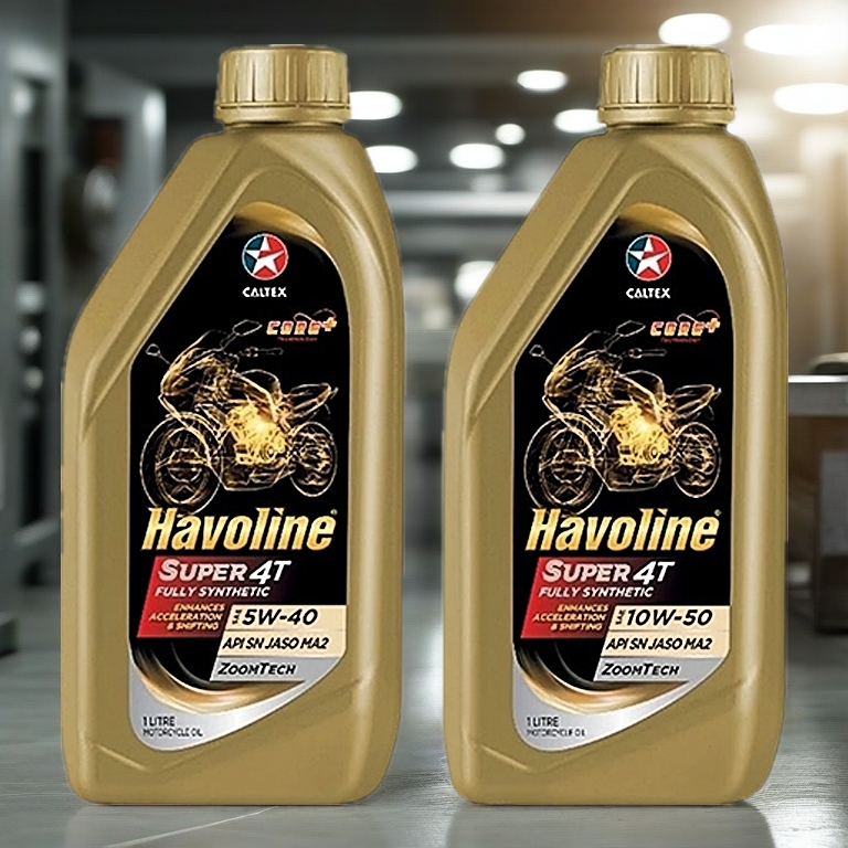 น้ำมันเครื่องสังเคราะห์แท้ รถจักรยนยานต์ CALTEX Havoline Super 4T Fully Synthetic 10W-50 API SN JASO