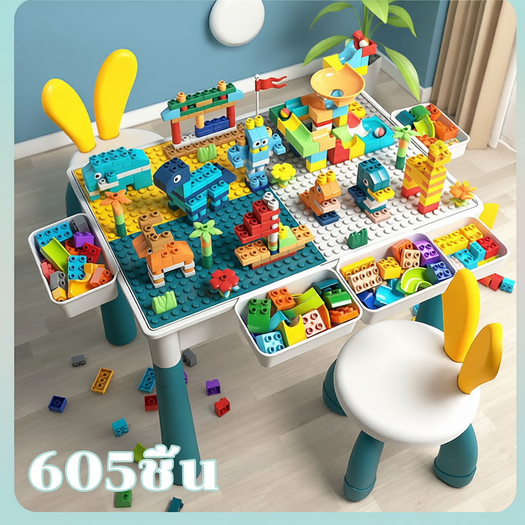 โต๊ะตัวต่อเด็ก 2เก้าอี้ ตัวต่อ605 ชิ้น เสริมพัฒนาการเด็ก