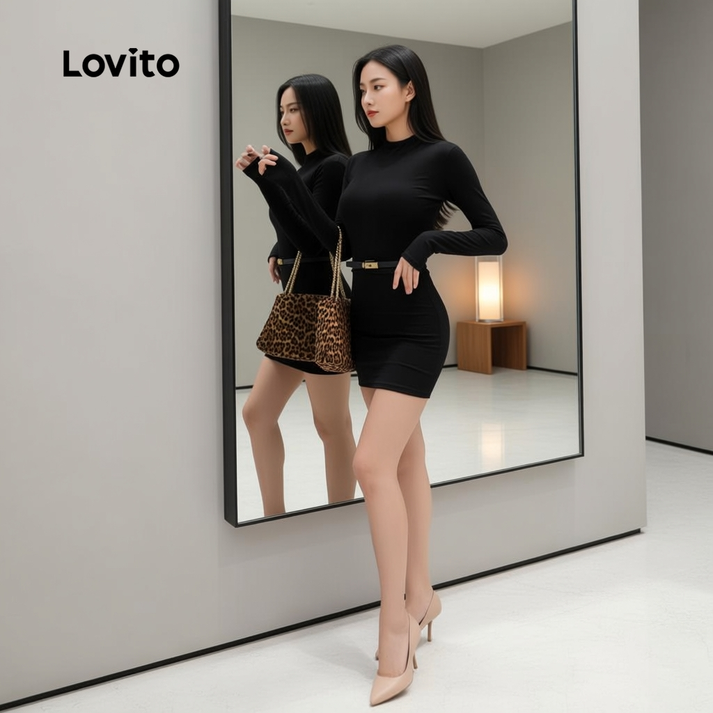 Lovito เดรสผู้หญิงสีดําฤดูใบไม้ร่วงฤดูหนาว ชุดเดรสหรูหราสําหรับพักผ่อนเดินทาง LNA126030