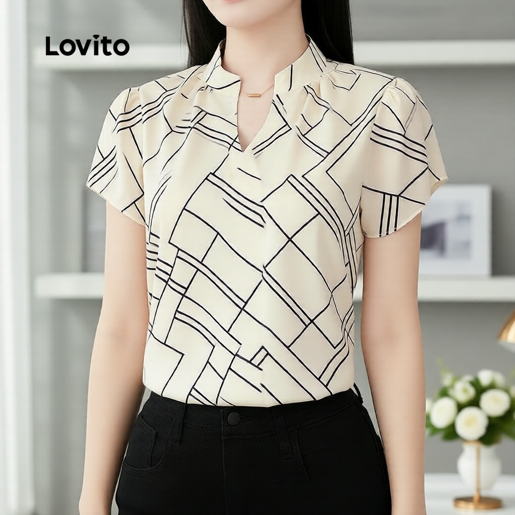 Lovito เสื้อเบลาส์แอปริคอตฤดูร้อน/ใบไม้ผลิ สไตล์ลําลอง สําหรับเดินทาง LK6ED603