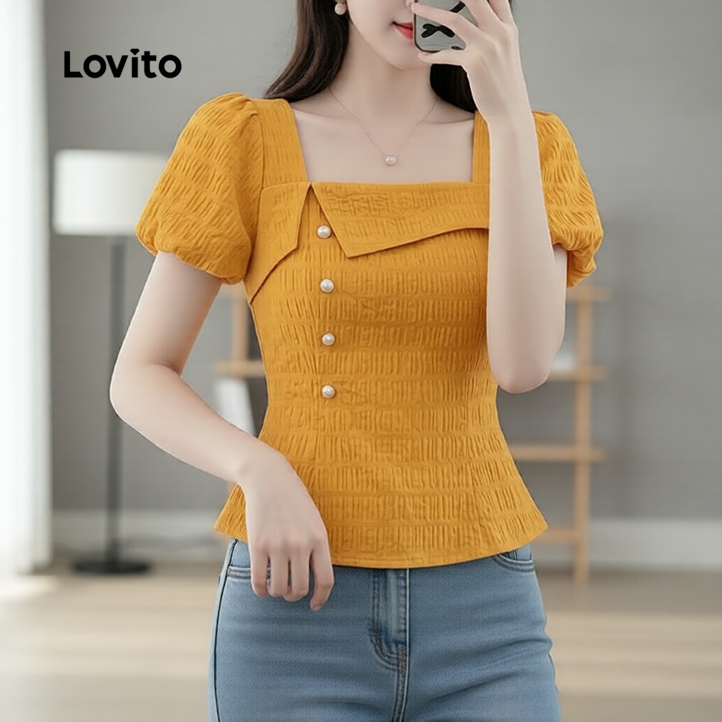 Lovito เสื้อเบลาส์ผู้หญิง สีเหลืองขมิ้น หรูหรา จีบระบาย ฤดูใบไม้ผลิ ฤดูร้อน LK6ED285