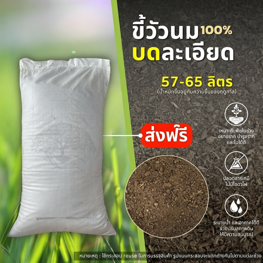 ขี้วัวนมบดละเอียด 1 กระสอบ (57-65 ลิตร) ปุ๋ยคอก