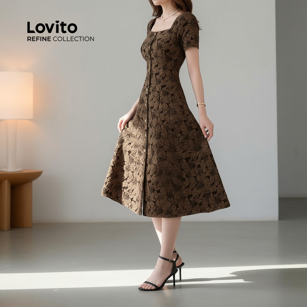 ชุดเดรสลําลองกระดุมบรอนซ์สําหรับฤดูใบไม้ผลิฤดูร้อน LR23A100