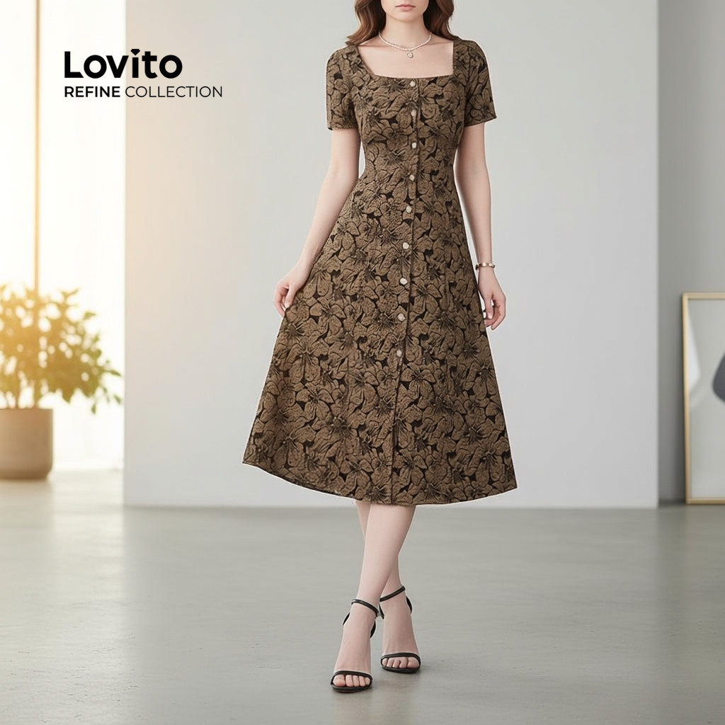 ชุดเดรสลําลองกระดุมบรอนซ์สําหรับฤดูใบไม้ผลิฤดูร้อน LR23A100