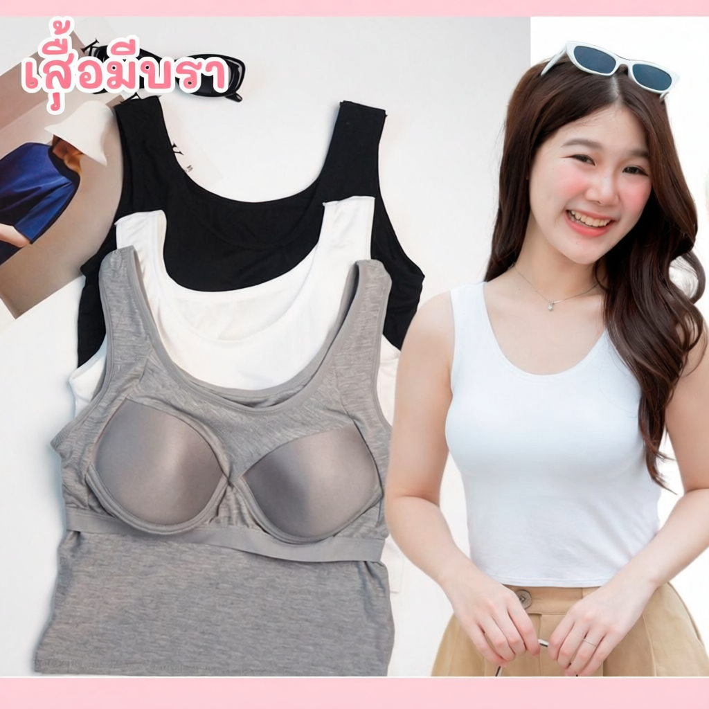 Ninamee เสื้อกล้ามมีบรา ครึ่งตัว อก28-38 นิ้ว ทรงสวย ผ้านิ่มยืดสบาย บราในตัว เสื้อกล้ามผู้หญิง