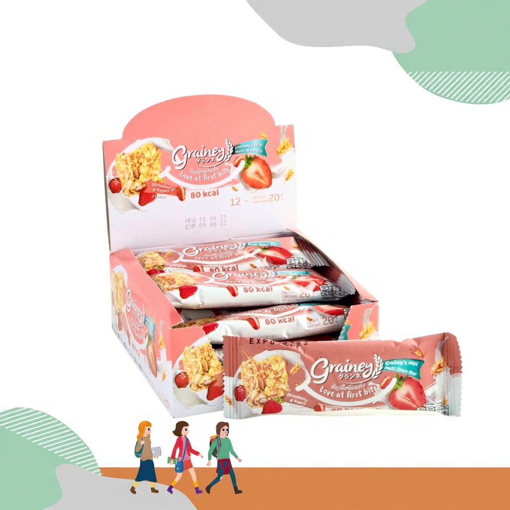Grainey Multigrain Bar ธัญพืชอัดแท่งพร้อมทาน รสสตรอเบอร์รี่ โยเกิร์ต ขนาด 20 กรัม (กล่อง 12 ชิ้น)