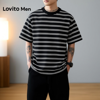 Lovito เสื้อยืดผู้ชาย สีดํา ลายเรขาคณิต สําหรับฤดูใหม่ LNE12…