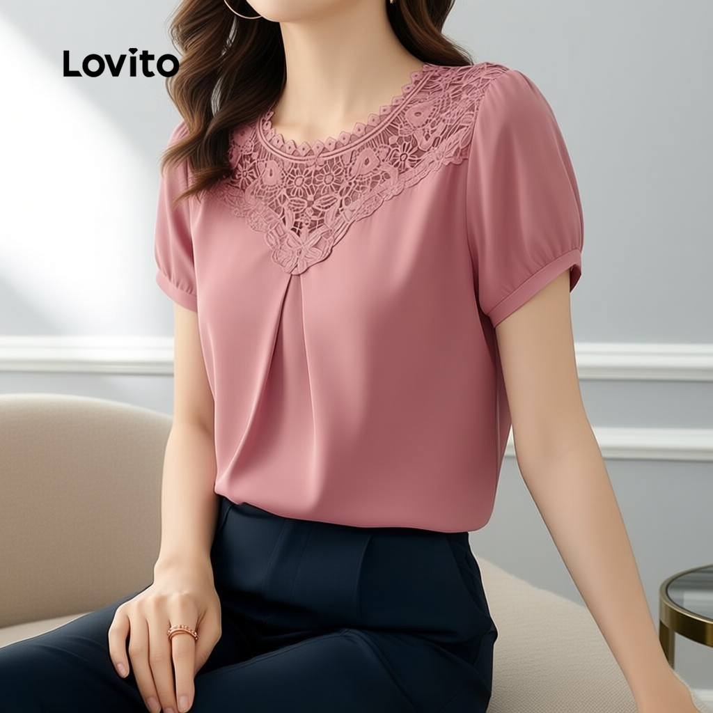 Lovito เสื้อเชิ้ตลูกไม้หรู คอระบาย ลายริ้ว สไตล์ฤดูใบไม้ผลิ ฤดูร้อน สีชมพู สําหรับผู้หญิง L167EDD007