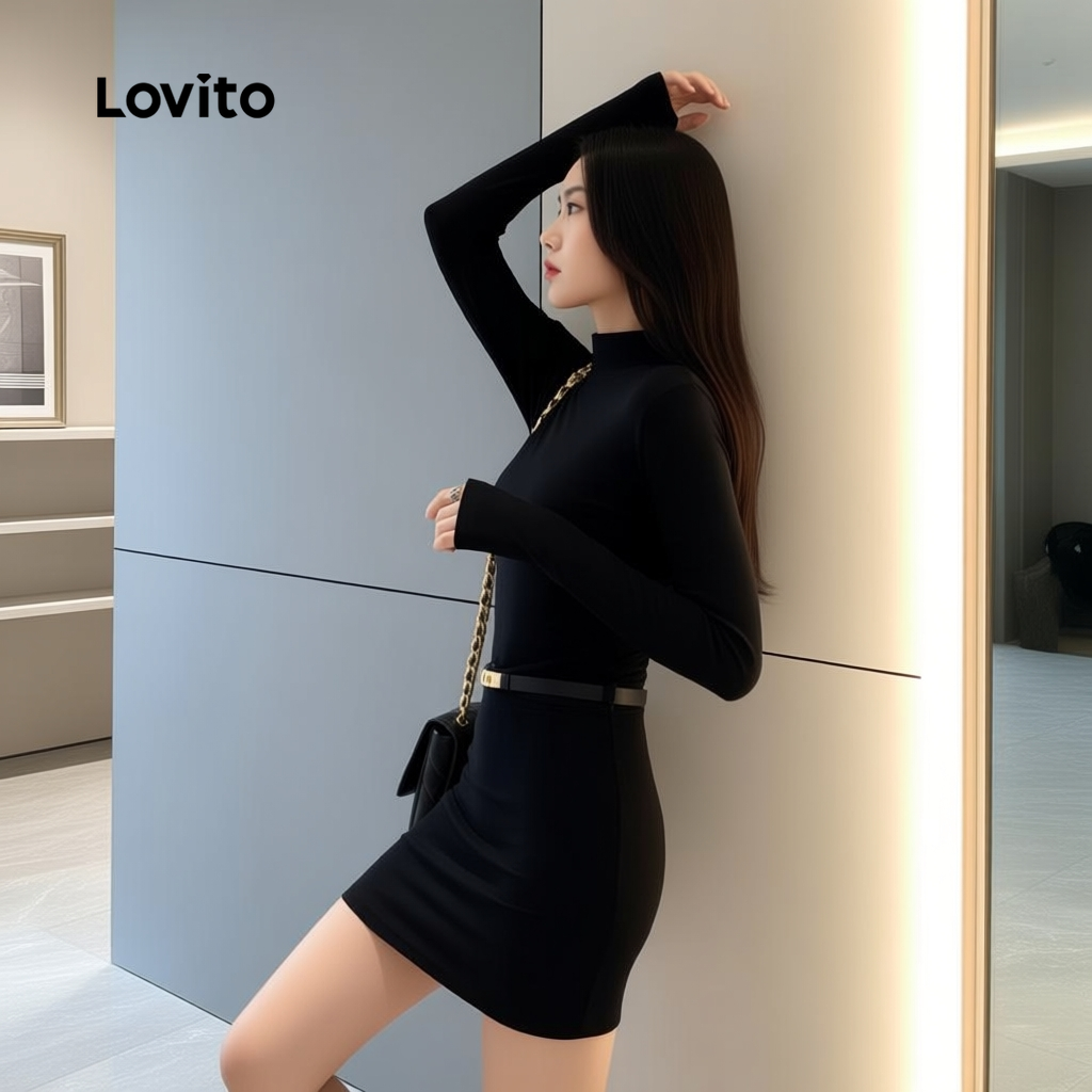 Lovito เดรสผู้หญิงสีดําฤดูใบไม้ร่วงฤดูหนาว ชุดเดรสหรูหราสําหรับพักผ่อนเดินทาง LNA126030