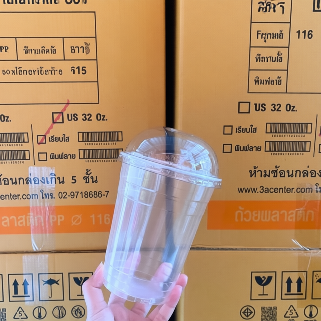 แก้วโอ่ง แก้วพลาสติก 32 ออนซ์ 50 ใบ ปาก 116 พร้อมฝาโดม
