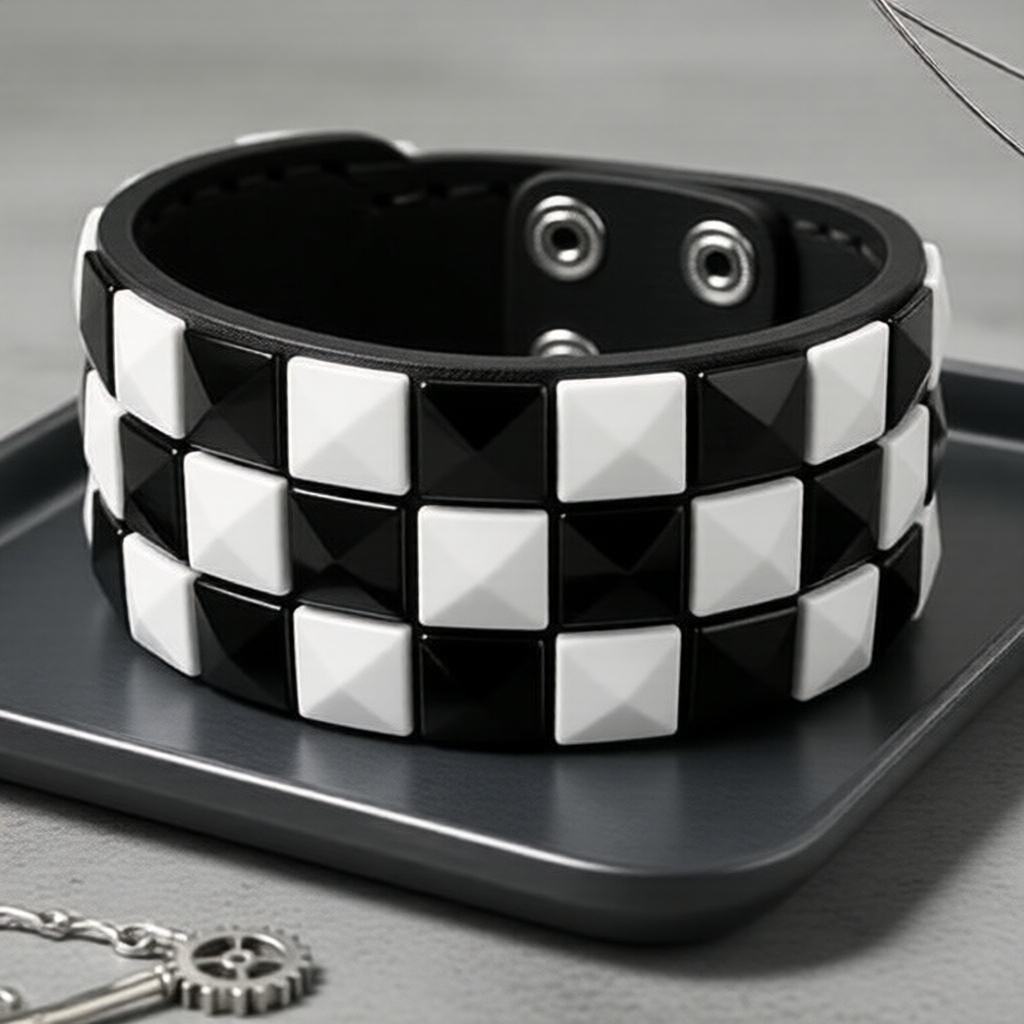 สายรัดข้อมือหนังลายตารางขาวดํา unisex สไตล์พังก์ประดับหมุด