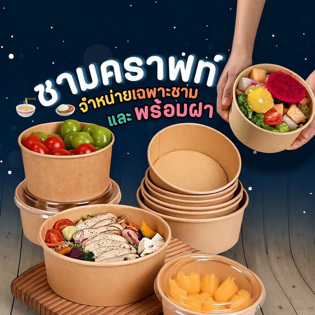 Delivery in Bangkok 25 sets of paper cups, kraft cups, paper bowls, kraft paper bowls with PET lids 