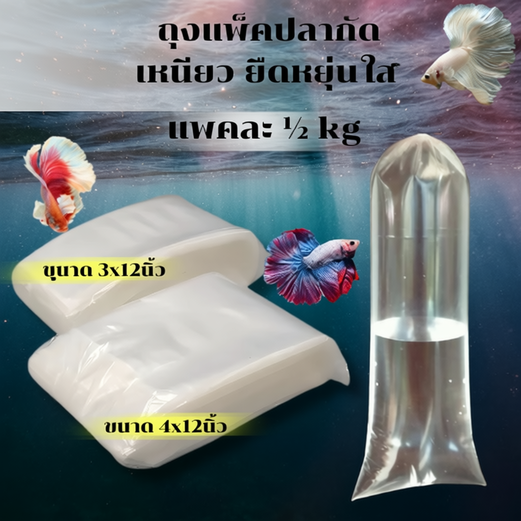 ถุงแพ็คปลากัด เหนียว ยืดหยุ่น ใส ขนาด 3x12 และ 4x12 นิ้ว