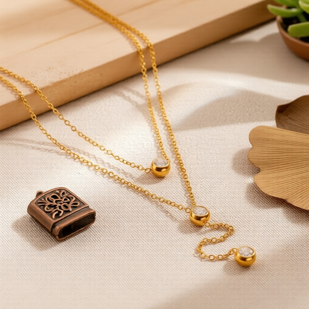 สร้อยคอแบบ Y สร้อยคอจี้ห้อย 3 หยดประดับเซอร์โคเนียทรงลูกบาศก์ ชุบทอง 18K สไตล์มินิมอล