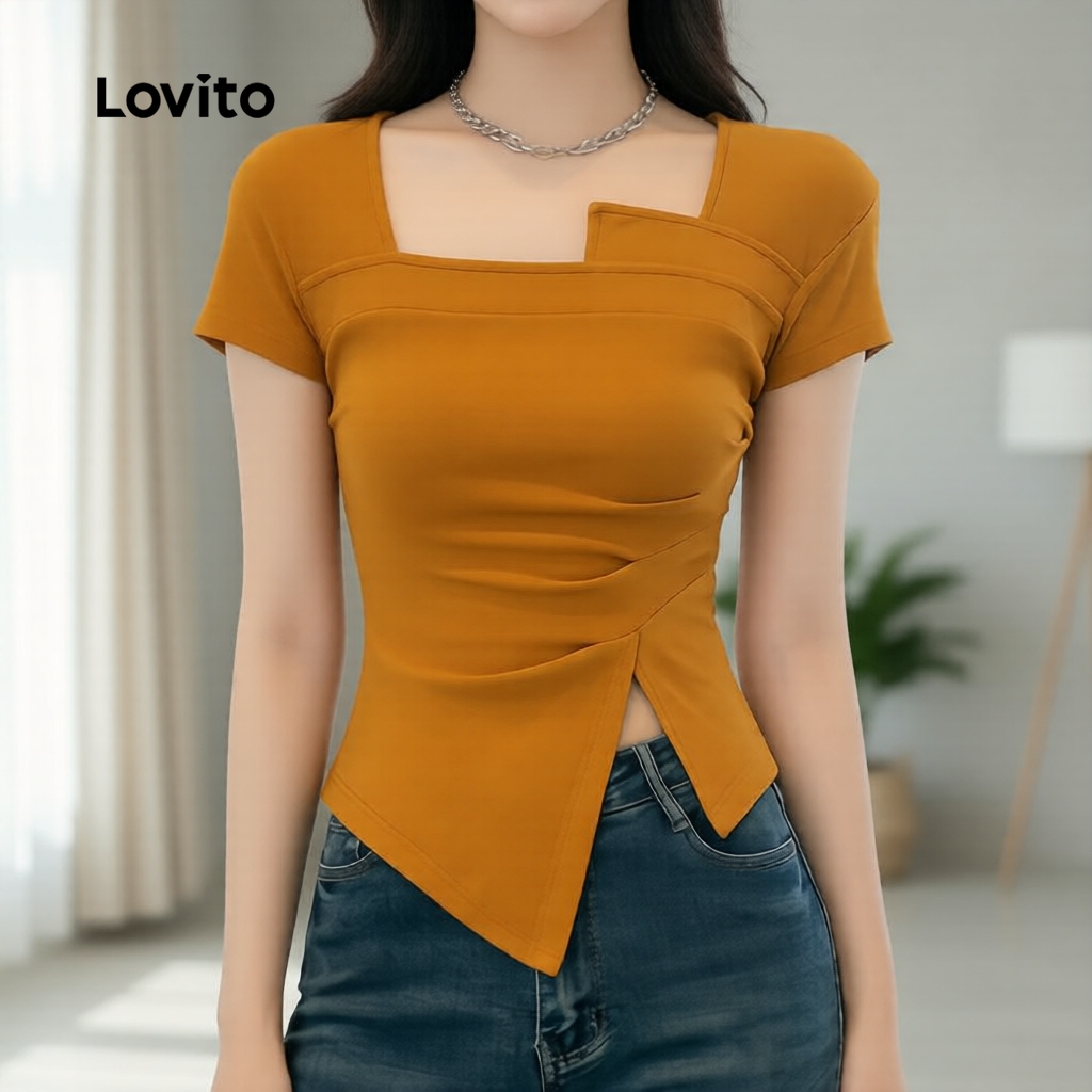 Lovito เสื้อยืดผู้หญิงคอแบ่งหน้าไม่สมมาตร แขนสั้น สีเหลืองขมิ้น สําหรับฤดูใบไม้ผลิและฤดูร้อน LK5EDD1