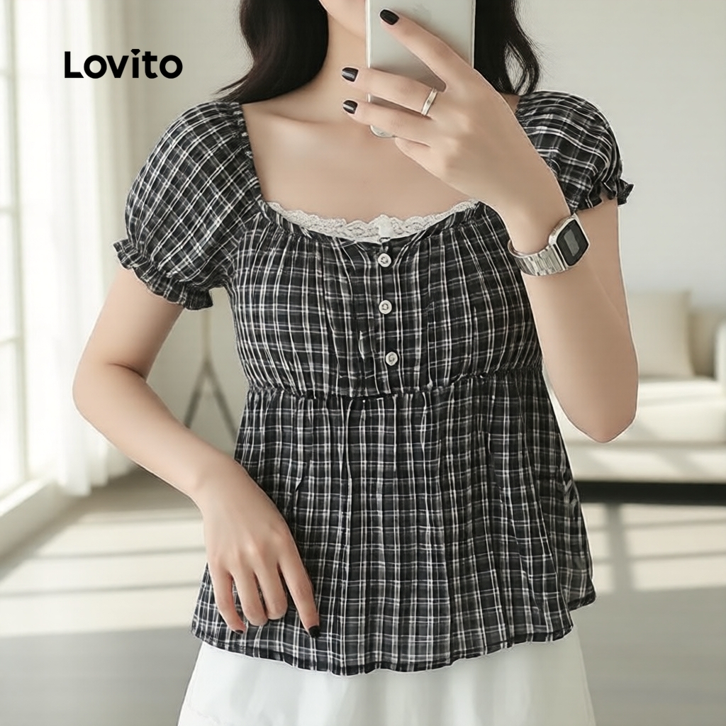 Lovito เสื้อเชิ้ตลําลองผู้หญิง ลายสบาย สําหรับฤดูใบไม้ผลิและฤดูร้อน รหัส LK5AD736