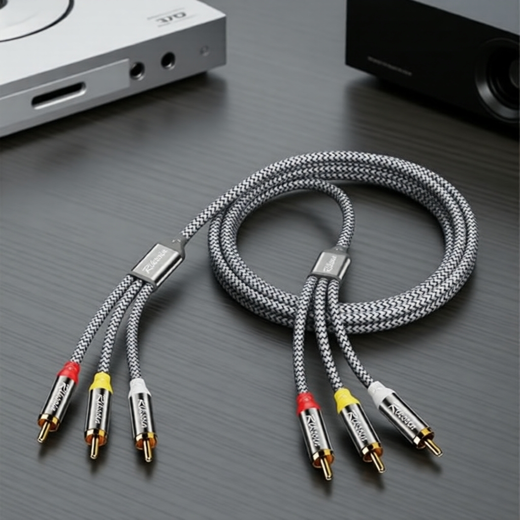 สายแปลงสัญญาณ Riksoin 3RCA to 3RCA AV แบบถัก หัวผู้ทั้งสองด้าน ใช้ต่อกับแอมป์
