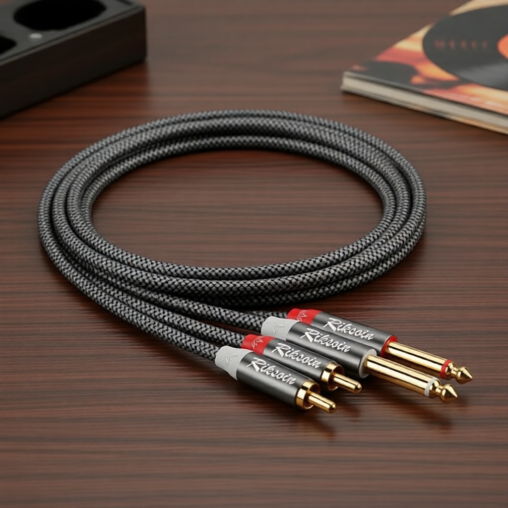 สายสัญญาณเสียงถัก RIKSOIN 2RCA เป็น 2x 6.35 มม. TRS – สําหรับมืออาชีพ, กีตาร์, ลําโพง, มิกเซอร์