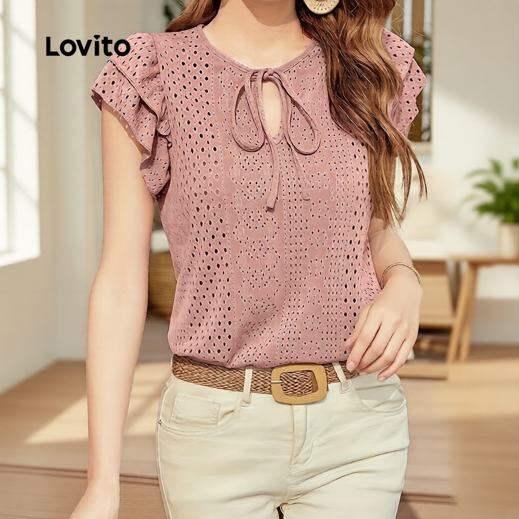 Lovito เสื้อเชิ้ตผู้หญิง ลําลอง คอผูกสองชั้น มีช่องโปร่ง สีเทา/ชมพู LK5EDD456