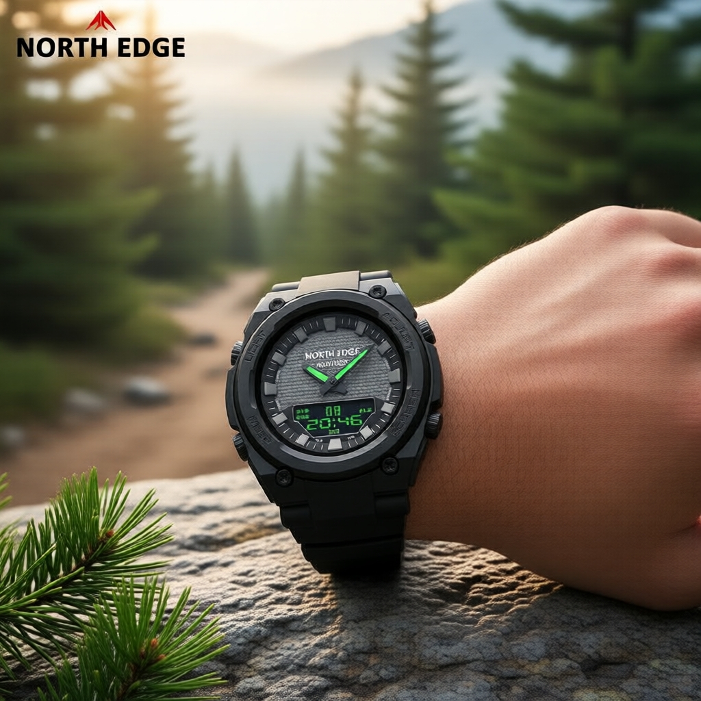 NORTH EDGE FORTRESS 46 มม. นาฬิกาข้อมือดิจิทัลผู้ชาย กันน้ํา 50 เมตร กันกระแทก แสดงสองเวลา เข็มเรืองแสง นับก้าว โหมดดูเวลาโลก