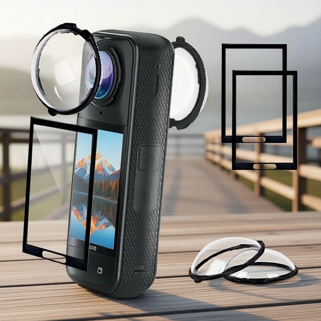 ชุดปกป้องเลนส์ Insta360 X5: ฝาครอบเลนส์ 2 ชิ้น + ฟิล์มหน้าจอ 2 ชิ้น, ฝาครอบเลนส์สํารอง, ใสพิเศษ, กันรอยขีดข่วน