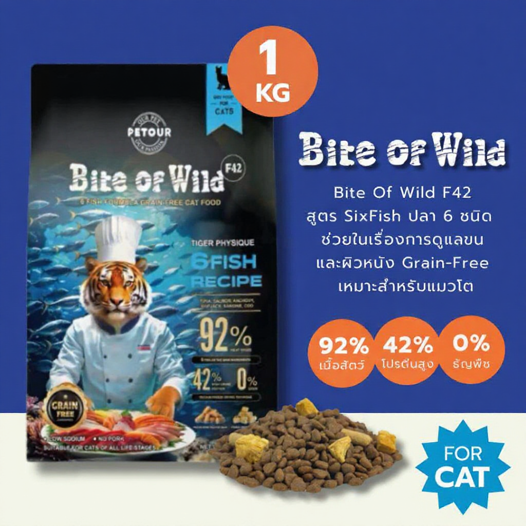 Bite Of Wild F42 สูตร SixFish ปลา6ชนิด เน้นในเรื่องการดูแลขนและผิวหนัง Grain-Free เหมาะสําหรับแมวโต 