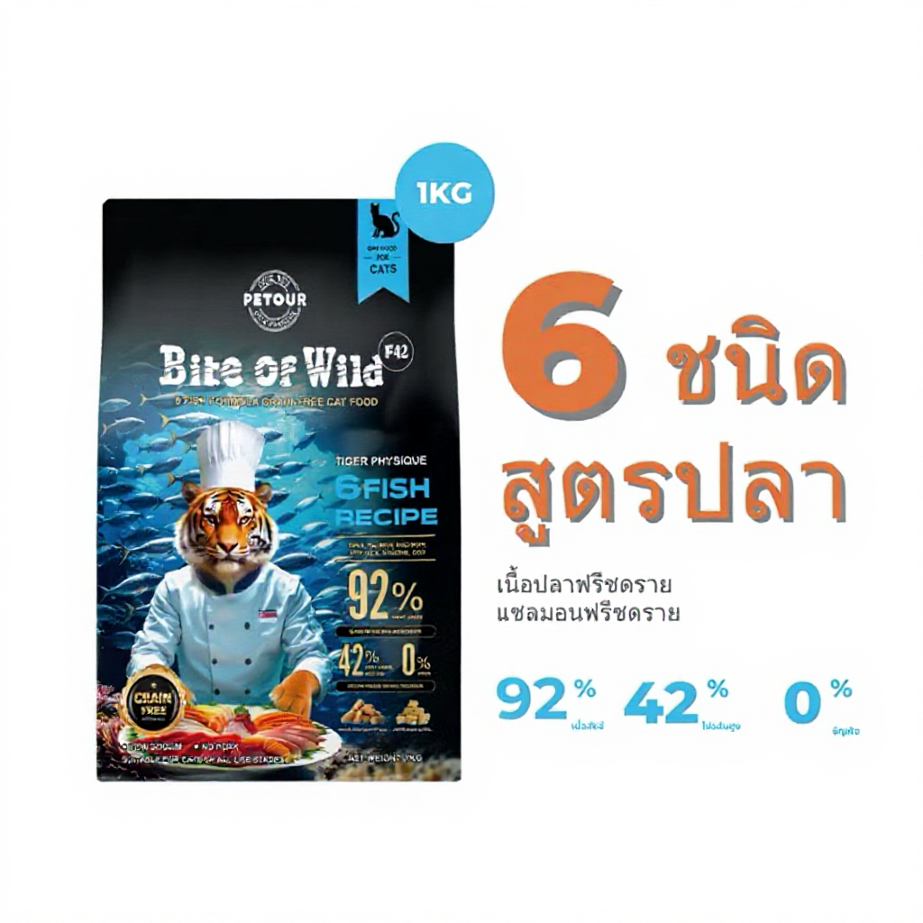 Bite Of Wild F42 สูตร SixFish ปลา6ชนิด เน้นในเรื่องการดูแลขนและผิวหนัง Grain-Free เหมาะสําหรับแมวโต 