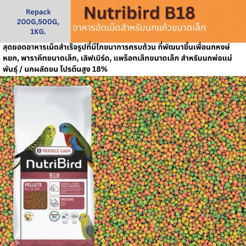 Nutribird B18, B14 อาหารนกอัดเม็ด สำหรับนกขนาดเล็ก-กลาง แบ่งขาย 200 G, 500 G, 1 KG