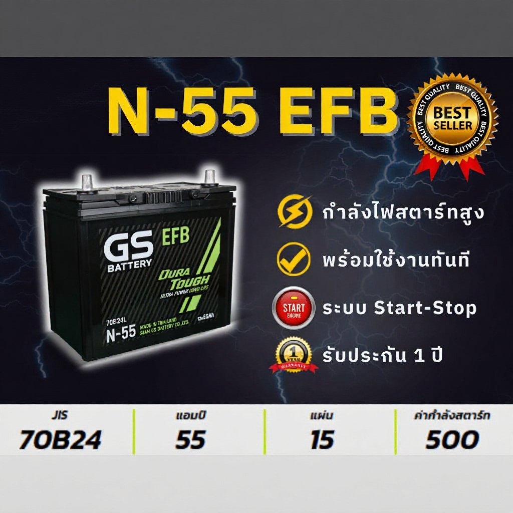 GS N55 EFB 12V 55Ah แบตเตอรี่รถยนต์ ทีมีระบบ I-Stop