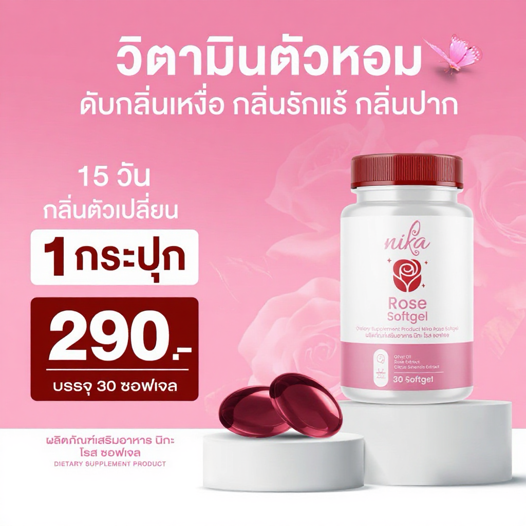 Nika rose oil softgel วิตามินตัวหอม ดับกลิ่นตัว กลิ่นปาก กลิ่นรักแร้ กลิ่นแก่ ชะลอวัย