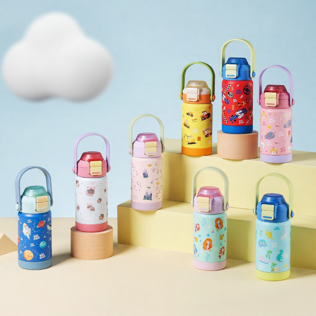 ขวดน้ำสแตนเลส 304 เคลือบเซรามิก EKOZOU รุ่น EKOKIDS ขนาด 360 มล. ฝาสองชั้น มีหลอดดูดและหูหิ้ว