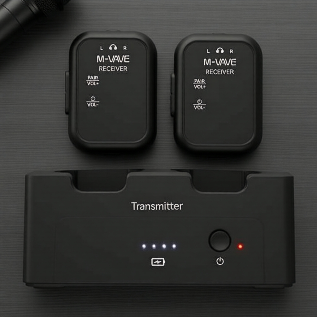 M-VAVE WP-12 ระบบตรวจสอบเสียงไร้สายในหู 2 ช่องสัญญาณ ความละเอียด 24 บิต/48kHz พร้อมเคสชาร์จ