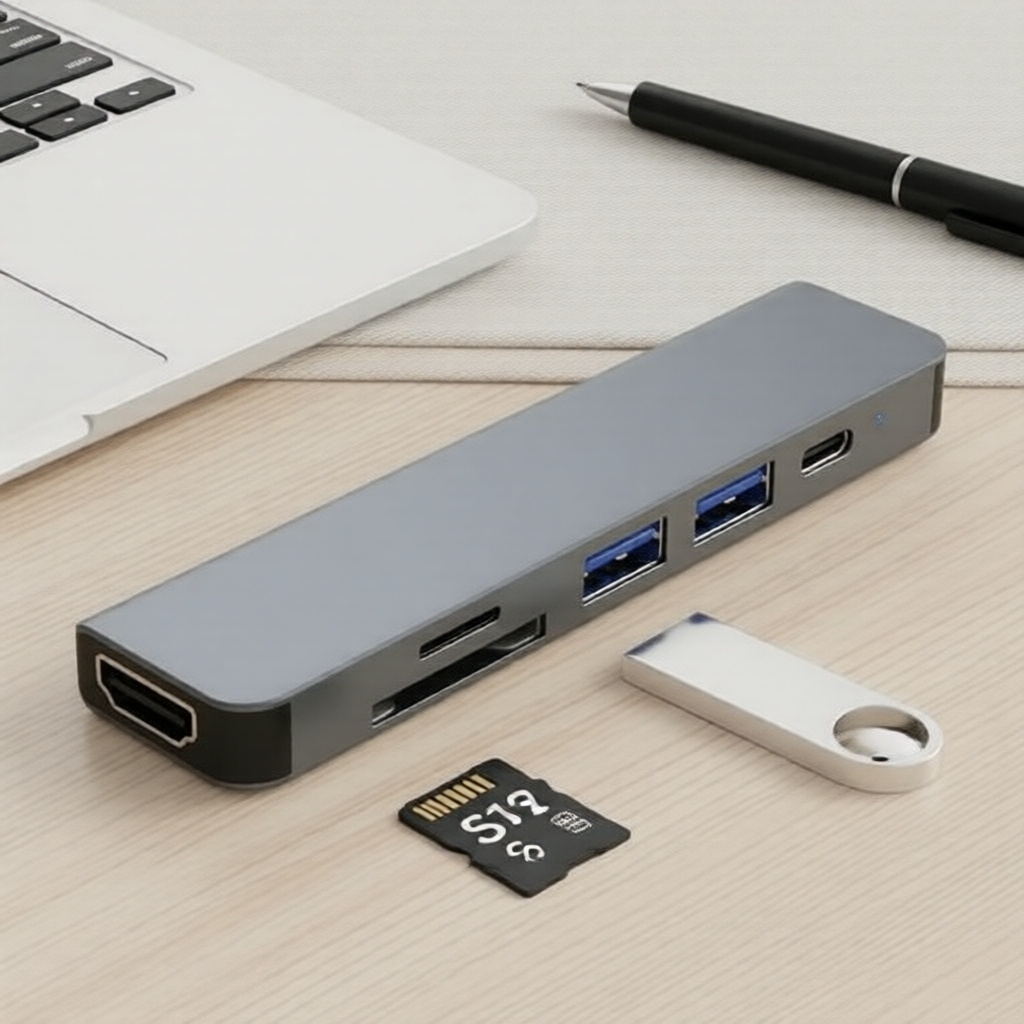 ฮับอเนกประสงค์ 6 in 1 แบบ USB C รองรับ HDMI, PD ชาร์จเร็ว, USB และอ่านการ์ดหน่วยความจํา สําหรับคอมพิวเตอร์โน้ตบุ๊ก