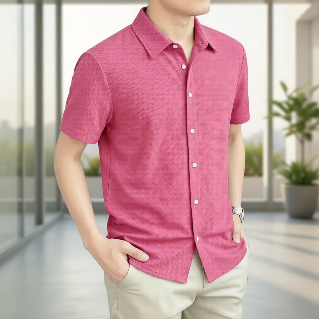 เสื้อลําลองผู้ชาย สีชมพู ลายแบ่งสีตามบล็อก L181ED015 โดย Lovito
