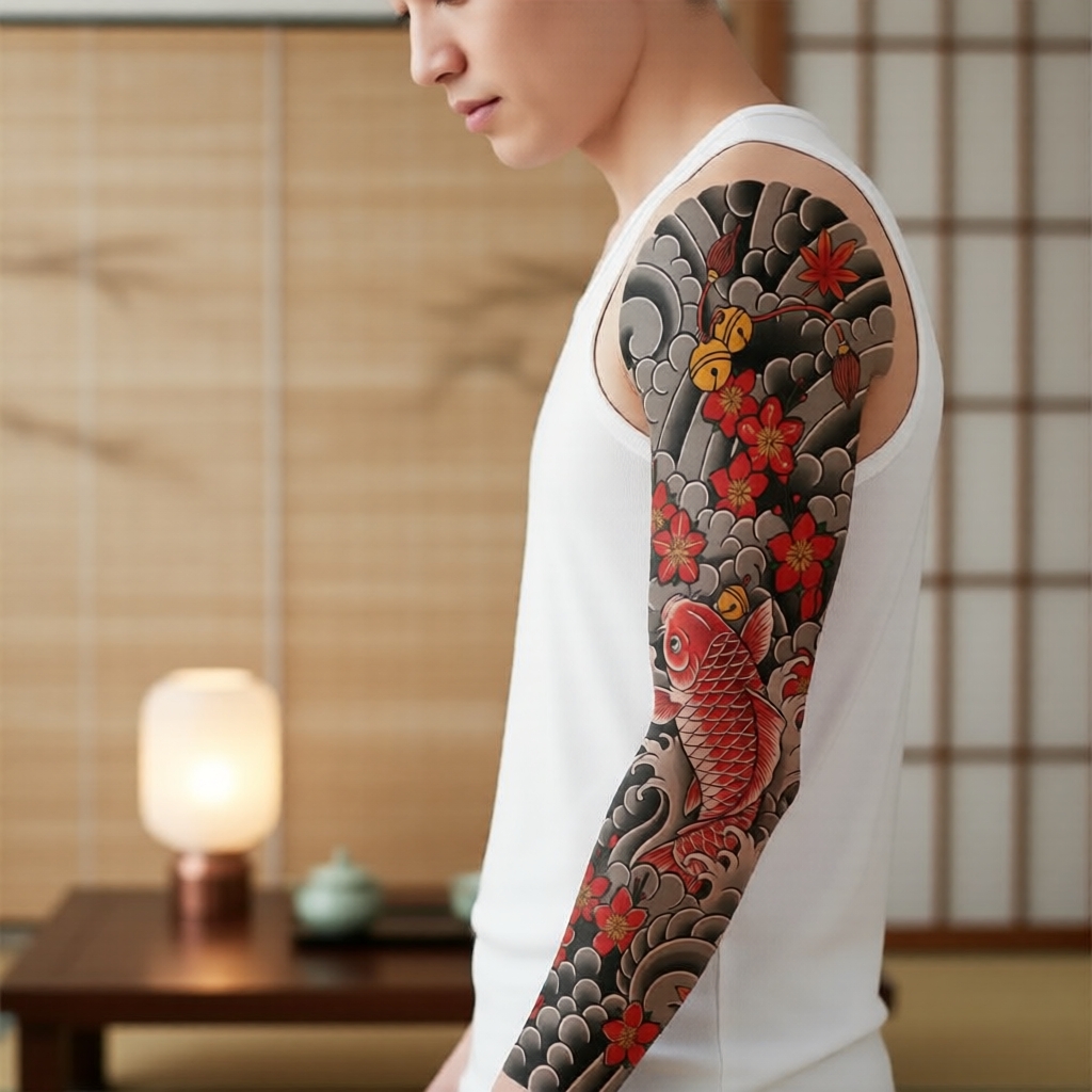 ปลอกแขนรอยสักชั่วคราว กันน้ํายาวนาน สําหรับชายและหญิง ลายญี่ปุ่น ปลาคาร์ป/เกอิชา/ซากุระ ใส่ได้ทั้งแขน ขา หลัง