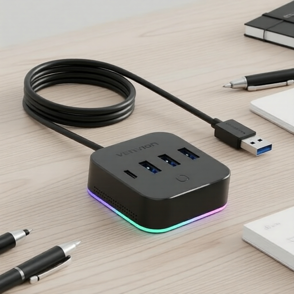 ฮับเดสก์ท็อป USB 4 ช่อง Vention พร้อมไฟ RGB, 5-in-1 ใช้กับพีซี โน้ตบุ๊ก และฮาร์ดดิสก์ที่เชื่อมต่อภายนอก