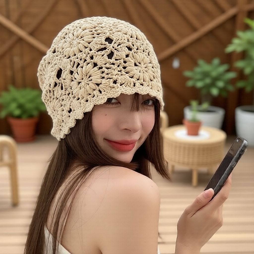 หมวกถักโครเชต์ฝ้ายระบายอากาศสําหรับผู้หญิง - หมวกสไตล์ปิลล์แบบสบาย ๆ