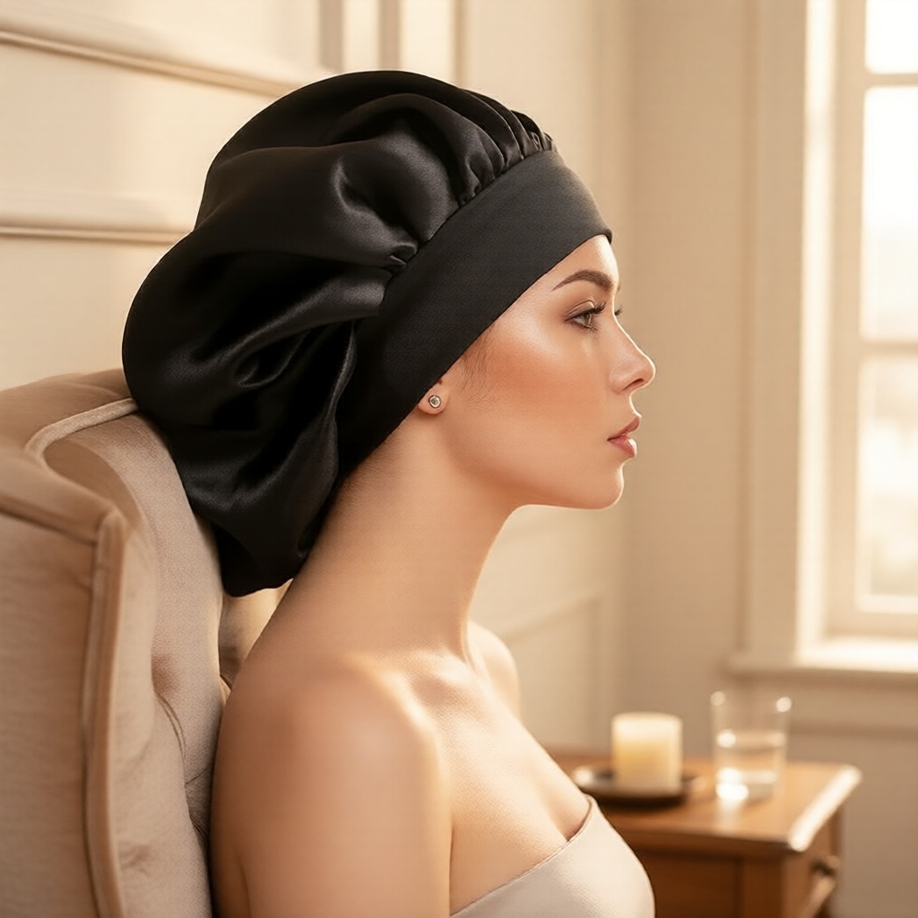 Wide-Band Satin Silk Sleep Cap, หมวกคลุมผมซาตินไหมแบบกว้างพิเศษ สําหรับปกป้องผมธรรมชาติและผมหยักศก