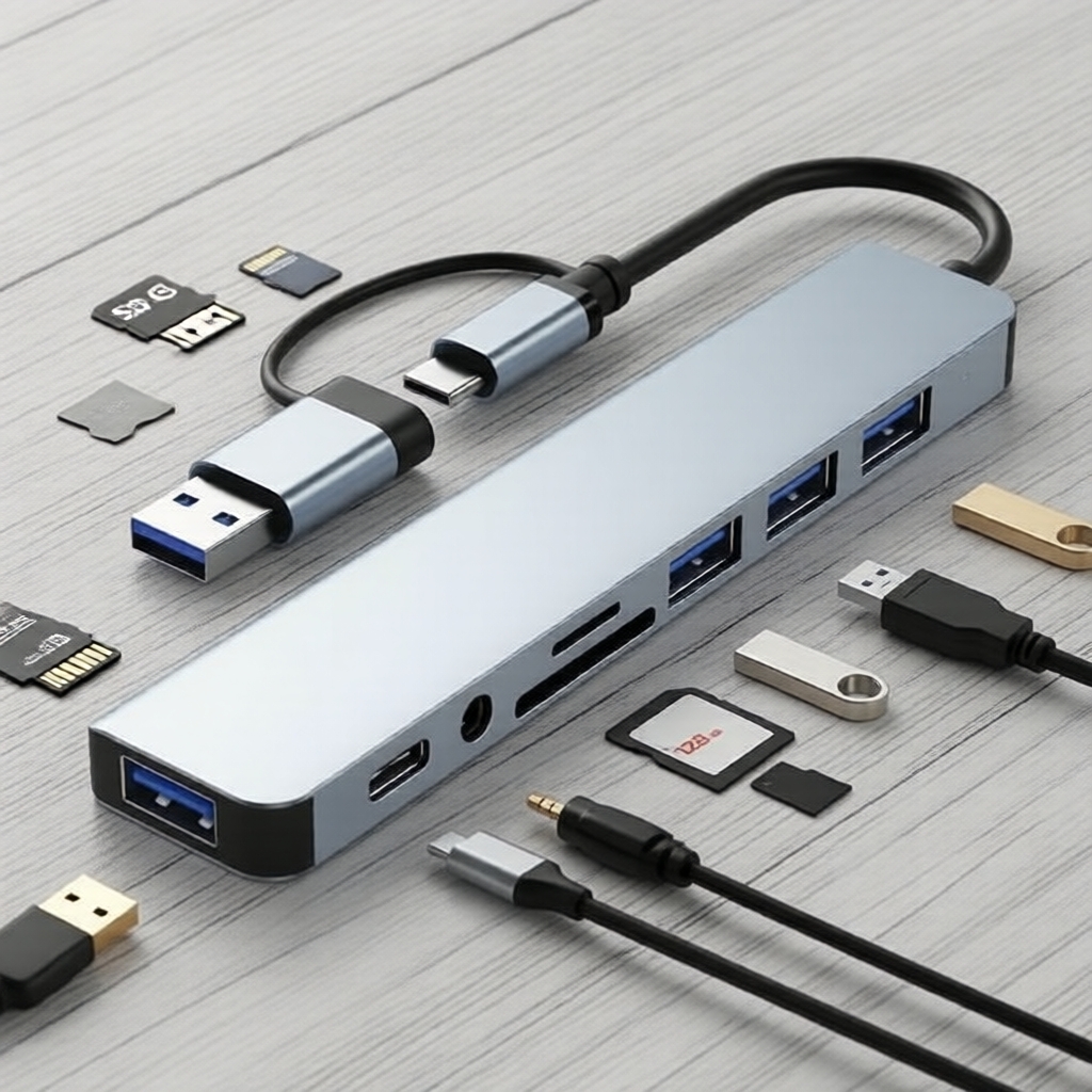 8 in 1 USB Hub Expander Dock Type C TF SD Reader Audio เข้ากันได้กับ MacBook Pro ipad Pro HP