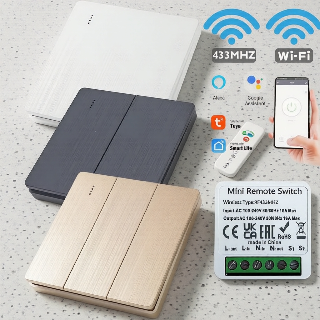 สวิตช์อัจฉริยะ ไฟสวิตช์ไร้สาย Axus 433MHz RF 86 ผนัง 2026 แผงพร้อมตัวควบคุมไร้สาย Mini รีเลย์ตัวรับสัญญาณ Home LED