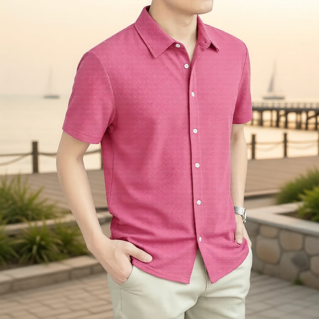 Lovito เสื้อเชิ้ตผู้ชายสีชมพูตัดสีสดใสสําหรับฤดูใบไม้ผลิและฤดูร้อน รุ่น L181ED015