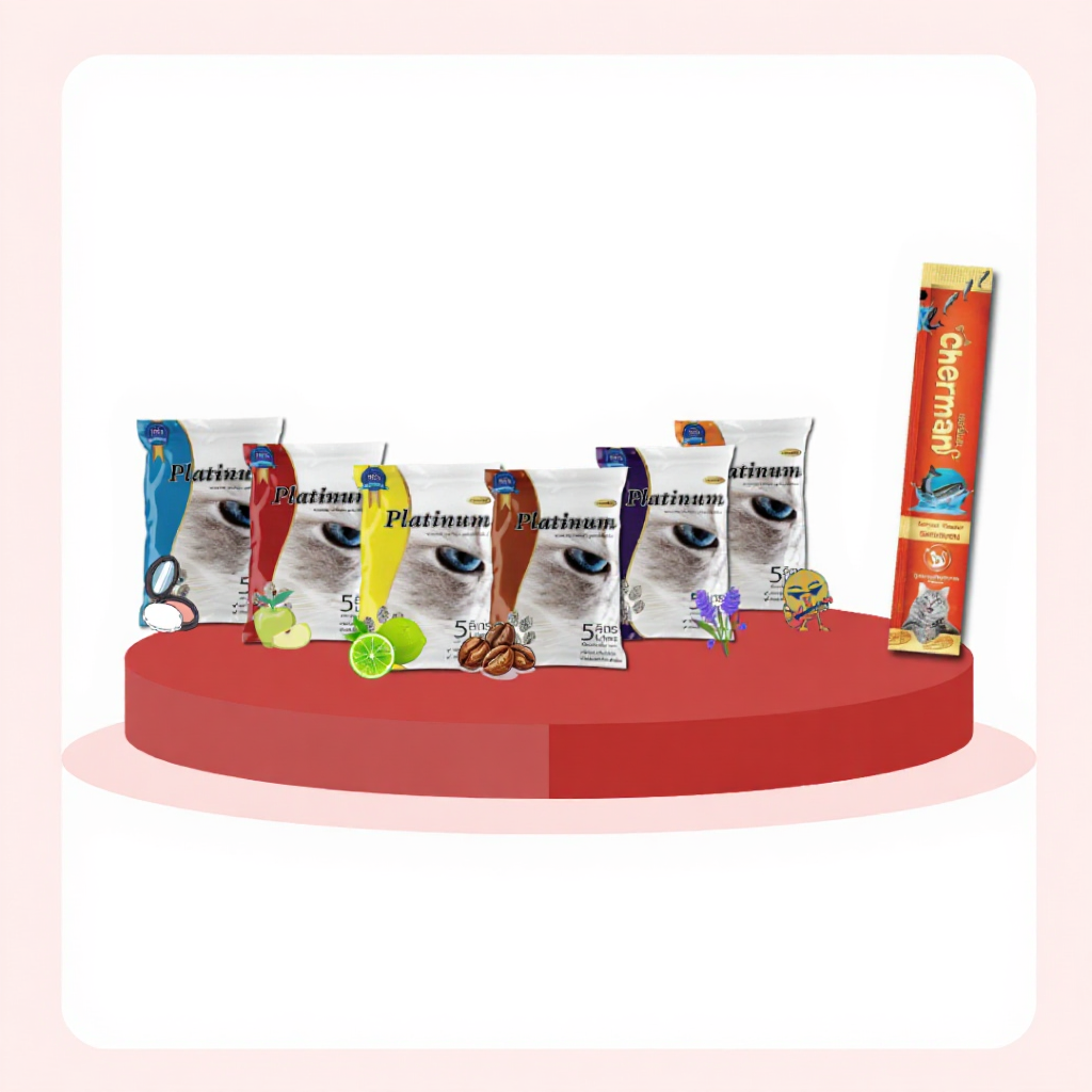 ทรายแมวPlatinum 40 ลิตร 5ลิตรx8 หรือ 10ลิตรx4ถุง ฟรี 10 ลิตร แถมแมวเลีย 1 ซอง คุณภาพดี