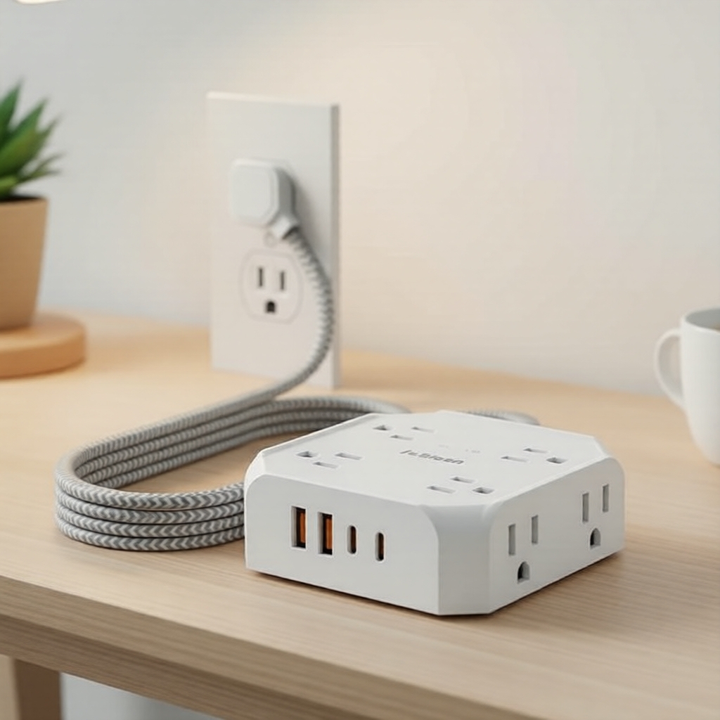 อุปกรณ์ความปลอดภัยไฟฟ้า Compact Surge Protector Power Strip-8 AC Outlets และ 4 USB ปลั๊กแบนบางเฉียบพร้อม 1.5M