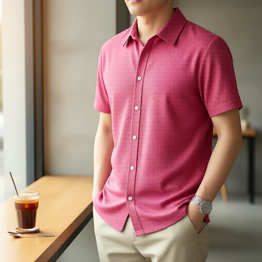 Lovito เสื้อเชิ้ตผู้ชายสีชมพู ดีไซน์คัลเลอร์บล็อก เหมาะสําหรับใส่ลําลองในฤดูใบไม้ผลิและฤดูร้อน รุ่น 
