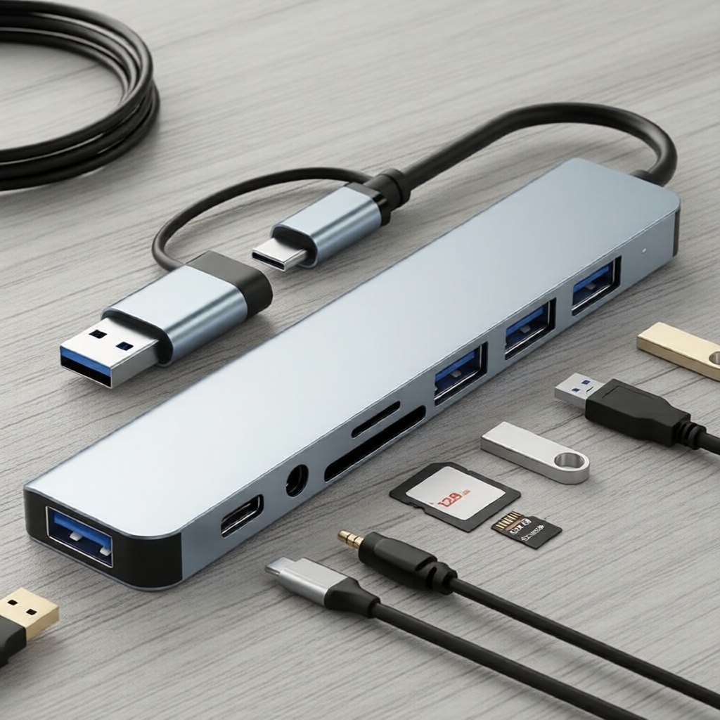 USB Hub Expander Dock 8in1 USB3.0 ประเภท C อะแดปเตอร์ TF SD Reader 3.5 มม.สําหรับ MacBook ipad
