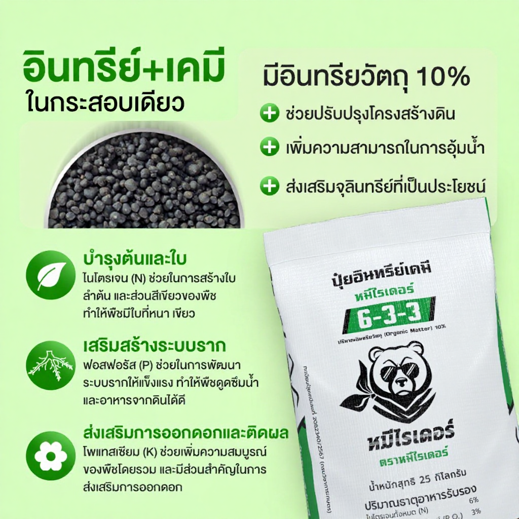 ปุ๋ยอินทรีย์เคมี หมีไรเดอร์ 6-3-3 ตราหมีไรเดอร์ ปุ๋ยคอมปาวด์ซัลเฟตแท้100%