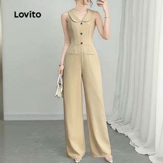 (NEW) Lovito  จั๊มสูทผู้หญิงสีคากิเรียบง่าย กระดุมหน้า สําหร…